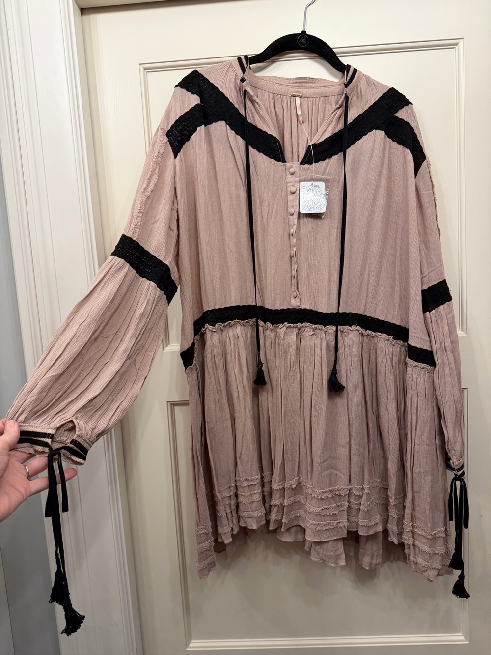 Free People Tea Time Mini Dress mauve  Dusty Rose with Black lace Trim boho